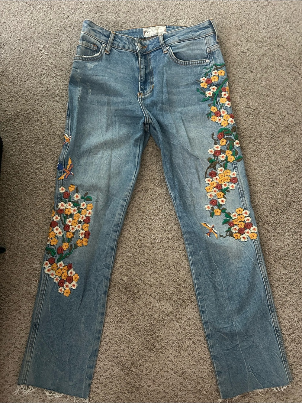Vintage Free People Blue Straight-Leg Jeans with Floral Embroidery
